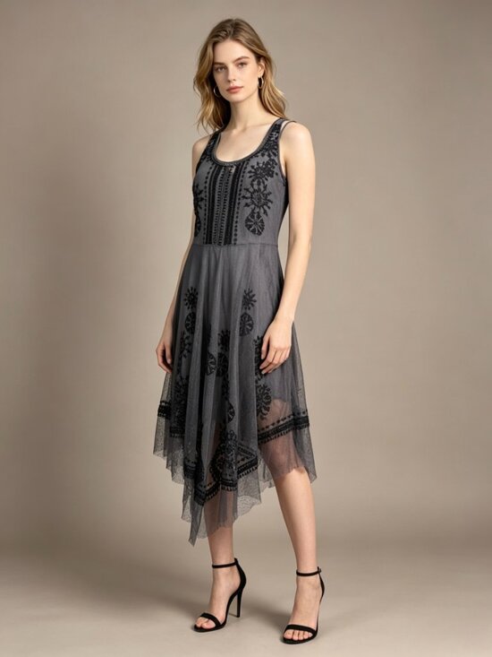 Johnny Was Dresses & Skirts - NWOT Johnny Was Biya Floral Mesh Embroidered Irregular Midi Dress Grey Size S